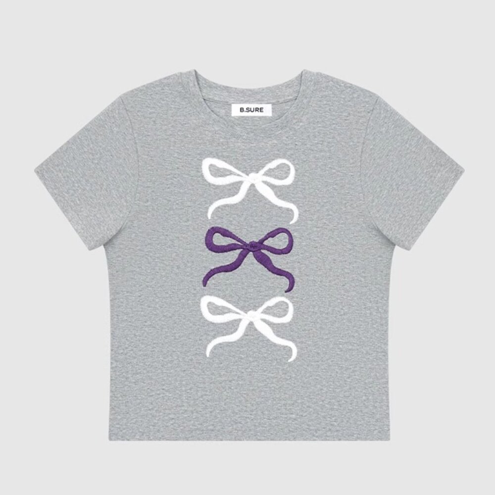 B.Sure Grey Bow Simple Short Sleeve T-Shirt